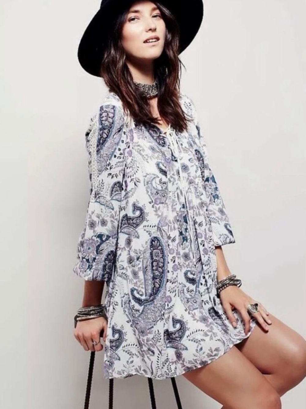 Free People Rain or Shine Mini Dress Gray Blue Paisley Lace Up Medium